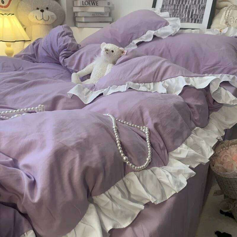 Y1 HomeBlue Four-piece Celebrity Princess Ruffled Quilt Cover Bed Skirt Style Solid Color Three-piece Bedding Set Y260124