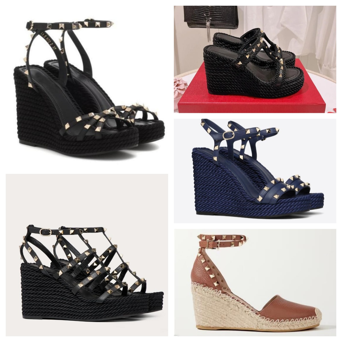 luxury rock women Wedge sandals stud rivet calfskin open-toe high heels thick sole straw weaving high sandal fashion lady Evening shoes dress shoes size 34-43