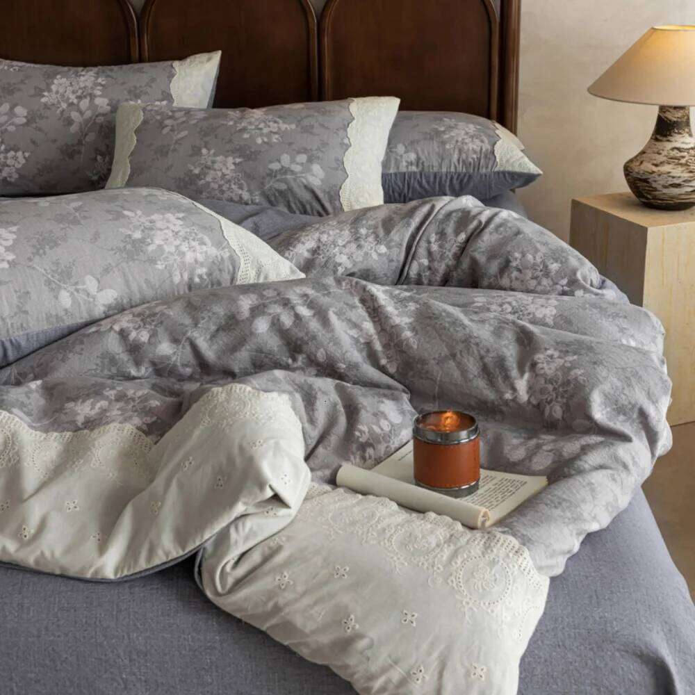 Skin Friendly A Class Cotton Linen Four-Piece Retro Floral Printed Quilt Cover With Lace Pillowcase Bed Sheet Bedding Set Y260124
