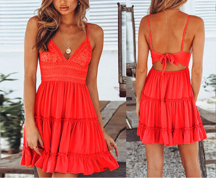 2026 designer European and American style sexy lace ribbon splicing hot selling women's dress