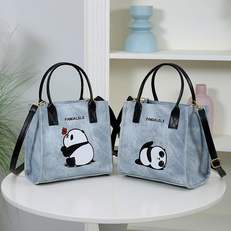 Cute Panda Embroidered Handheld Tote PU Leather Fashion Cartoon Shoulder Simple Versatile Commuter Crossbody Women's Bag