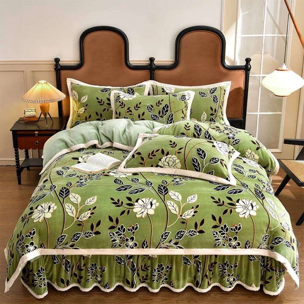 Winter Warm Floral Printed Bedding Luxury Milk Velvet Queen Thickened Soft Duvet Cover Pillowcase Bed Skirt Four Piece Set Y260124