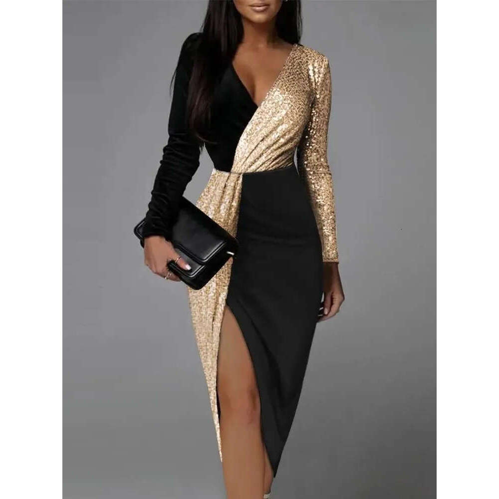 Casual women's dress sexy and elegant black luxury ball sequin cocktail party fashionable women's long sleeved V-neck tight dress