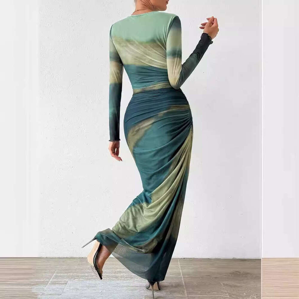 2026 Designer European and American Fashion Mesh Printed Ruffle Sexy Tight Round Neck Dress