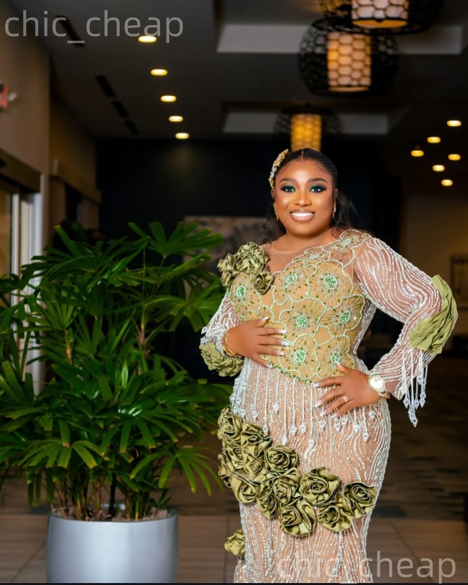 Aso Ebi Olive Green Mermaid Prom Dresses 2026 Flowers Beaded Sequined Illusion Evening Formal Party Second Birthday Engagement Gowns Dress For Special