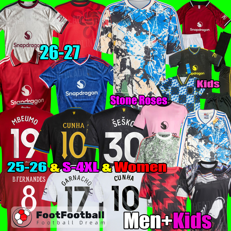 25 26 27 Manchester SESKO MBEUMO CUNHA Soccer Jerseys football shirts B. FERNANES men kids kits MAINOO Pre match goalkeeper Training United Stone Roses 2026