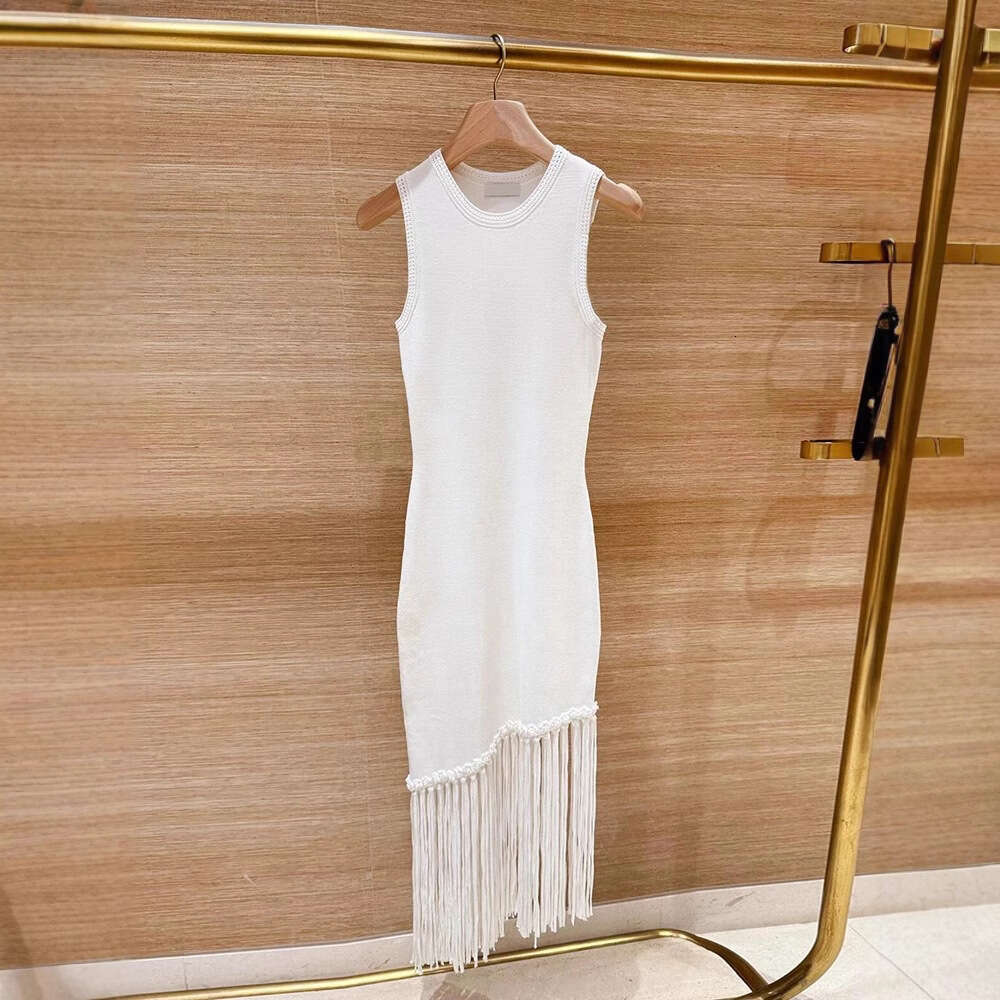 2026 French Elegant Spring Designer Mature Simple Style White Tassel Knitted Tank Top Dress