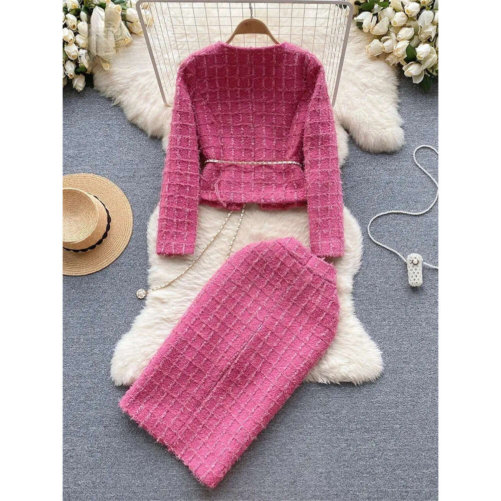 2026 High Quality Checkered Two Piece Women's Gold Button Sleeve Short Jacket Split style Long Skirt Lace Autumn Set