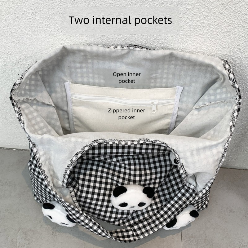 Large Capacity Simple Panda Plush Plaid Vest Canvas Ins Literary Lazy Style Autumn Winter Shopping Shoulder Bag
