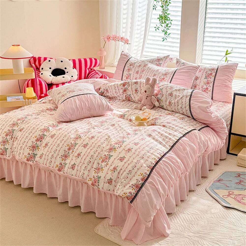 Korean Bedding Comforter Washed Cotton Four-Piece Princess Printed Soft Bed Linen Duvet Set Floral Quilt Cover Y260124