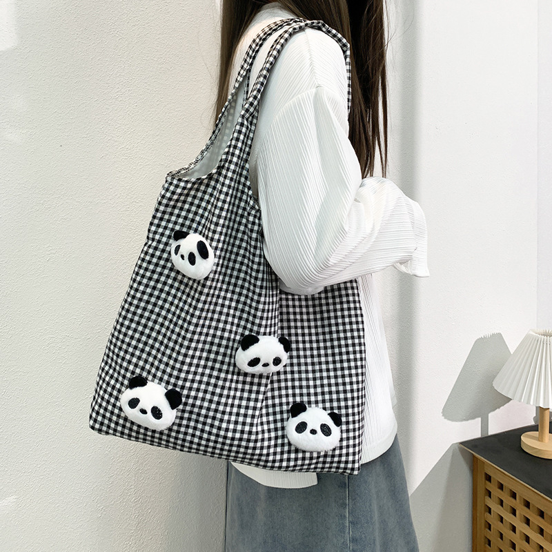 Large Capacity Simple Panda Plush Plaid Vest Canvas Ins Literary Lazy Style Autumn Winter Shopping Shoulder Bag