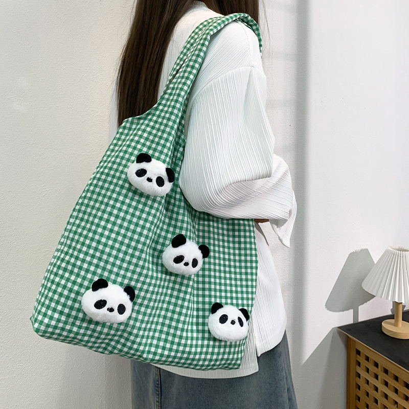 Large Capacity Simple Panda Plush Plaid Vest Canvas Ins Literary Lazy Style Autumn Winter Shopping Shoulder Bag