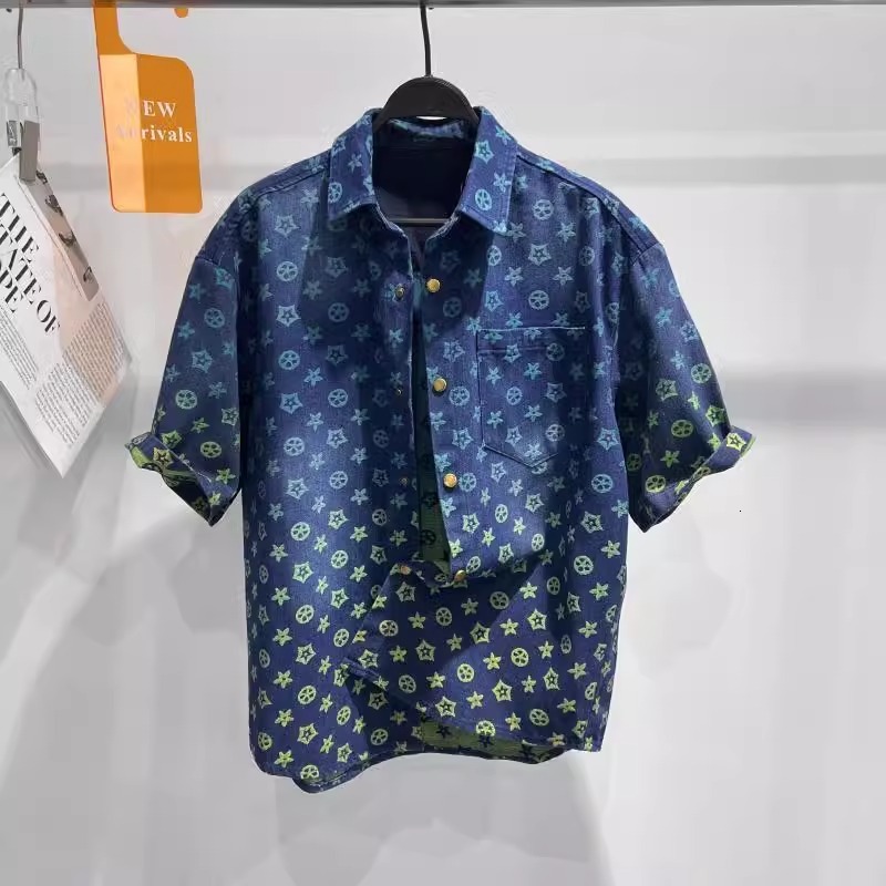 Luxury Brand Designer Clothes 2025 Men's Summer New Trendy Brand Men's Shirt Fashion Loose Gradient Rainbow Vintage Floral Denim Short Sleeve Shirt For Men