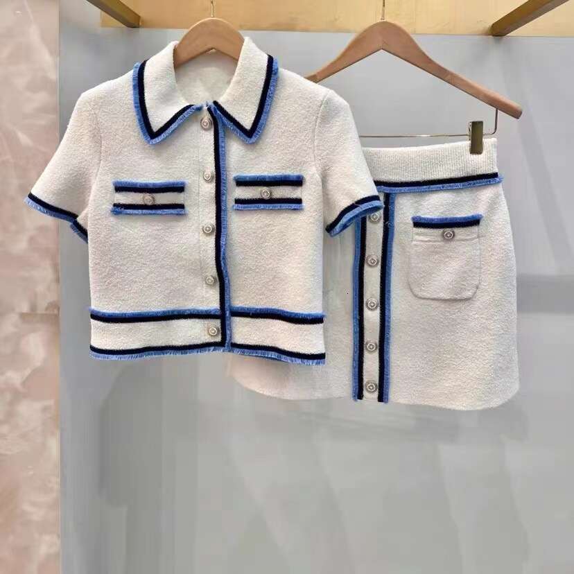 2026 Spring New Designer Navy Blue Style Color blocked Tassel Short sleeved Top Women's Knitted Skirt