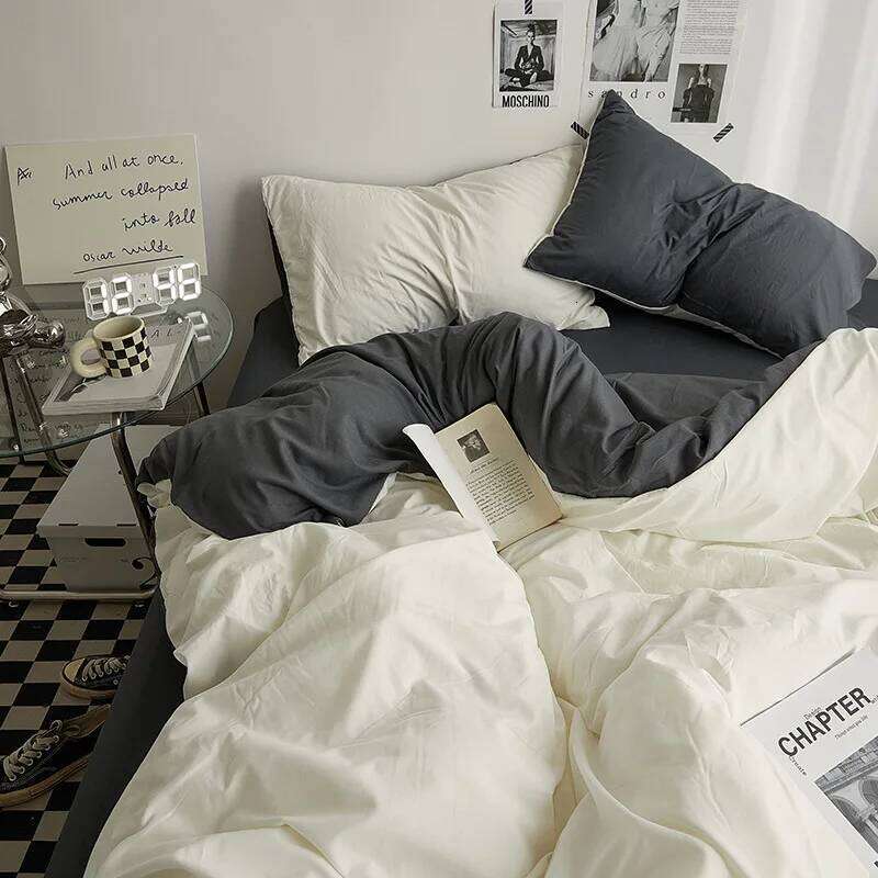 Class A Solid Color Fiber Four-piece Set Japanese Simple Washed Cotton Ins Wind Student Three-piece Quilt Cover Y260124