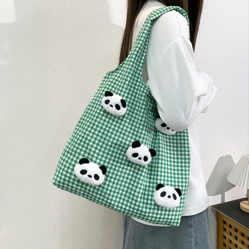 Large Capacity Simple Panda Plush Plaid Vest Canvas Ins Literary Lazy Style Autumn Winter Shopping Shoulder Bag