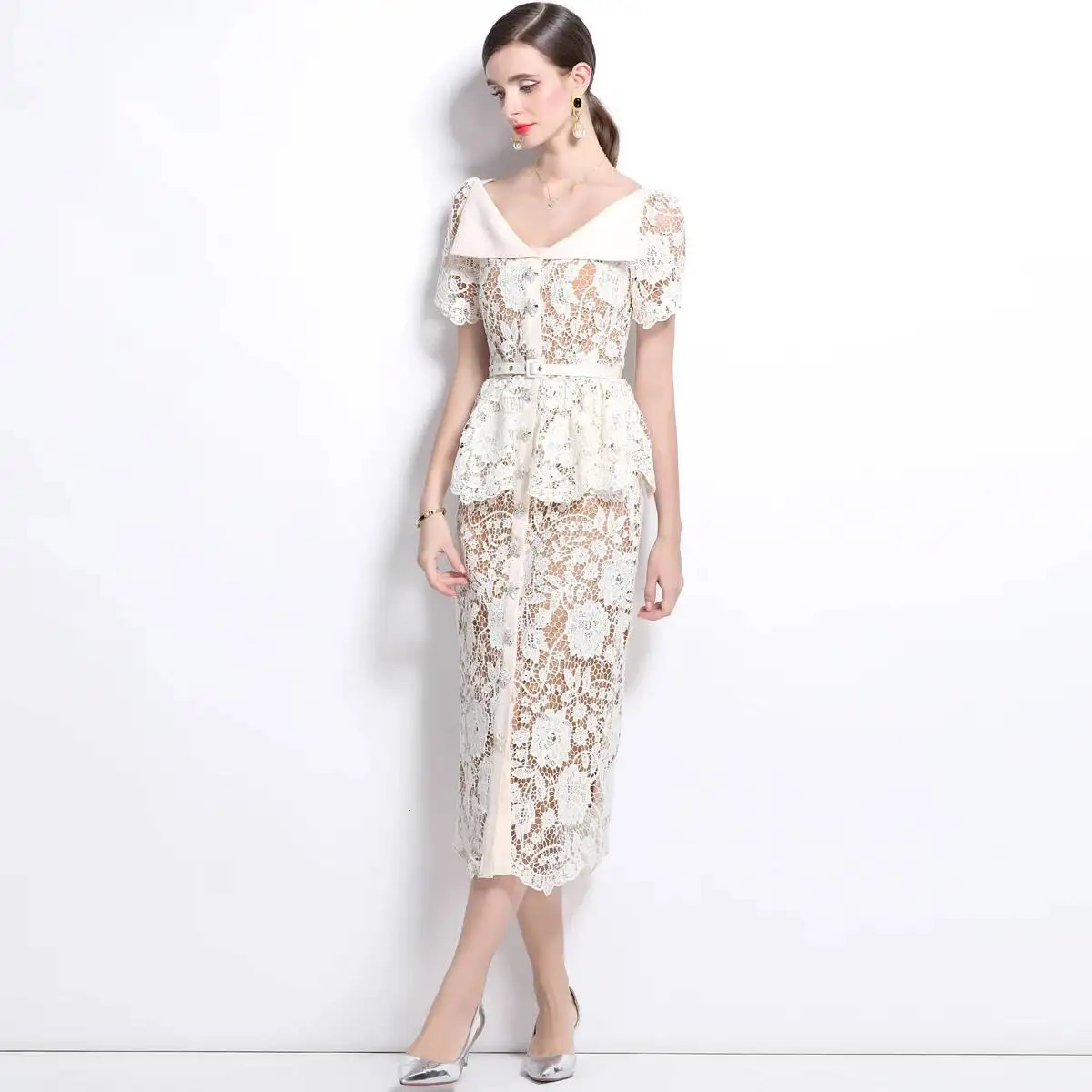 Quality Summer Beaded Diamonds Embroidery Beige White Lace Evening Dres Short Sleeve Ruffle Peplum Midi Prom Dresses Long 260120