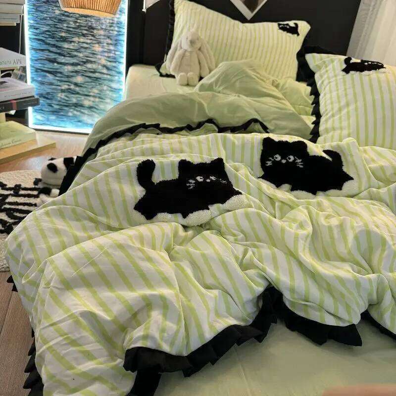 For Korean Style Bedding Green Strip Black Cat Embroidery Washed Cotton Duvet Cover Cute Cardboard Bed linen Comforter Set Y260124