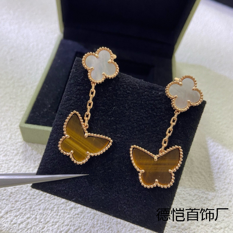 Women Jewelery vanly cleef earrings Double Flower Four-Leaf Clover Butterfly with White Mother-of-Pearl Earrings Rose Two-Flower Long Earrings
