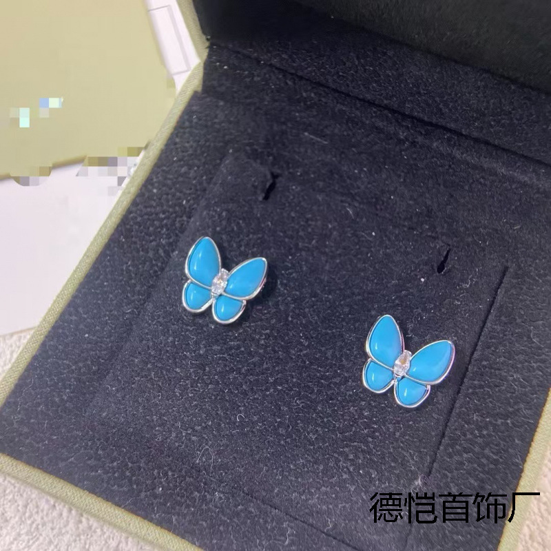 Women Jewelery vanly cleef earrings Vanke Personality Blue Turquoise 4 Mother-of-Pearl Blue Butterfly Earrings for Women