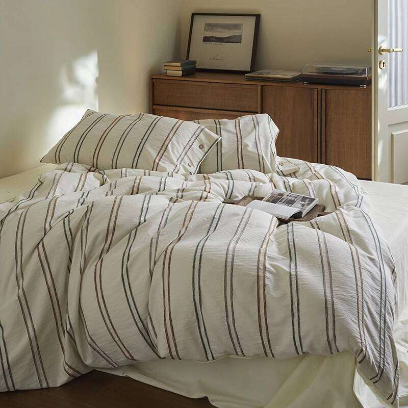 Simple Style Long Staple Cotton Bedding Set Line Shape Patterns Duvet Cover TwinFull QueenSize Bed Fitted Sheet Y260124