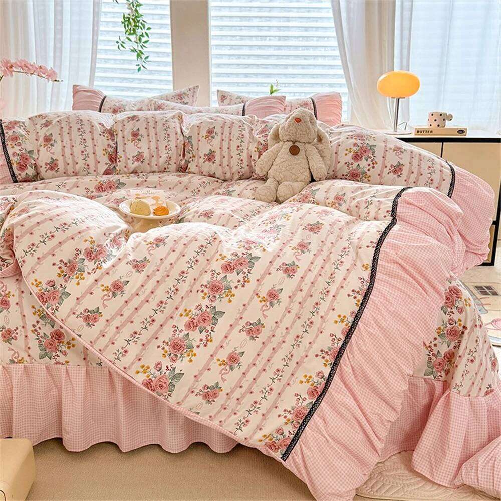 Korean Bedding Comforter Washed Cotton Four-Piece Princess Printed Soft Bed Linen Duvet Set Floral Quilt Cover Y260124
