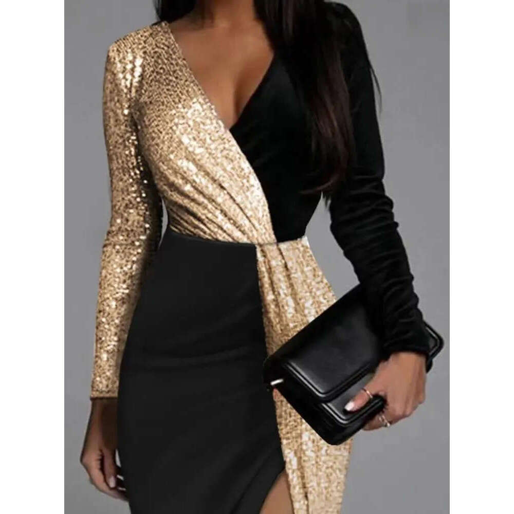 Casual women's dress sexy and elegant black luxury ball sequin cocktail party fashionable women's long sleeved V-neck tight dress
