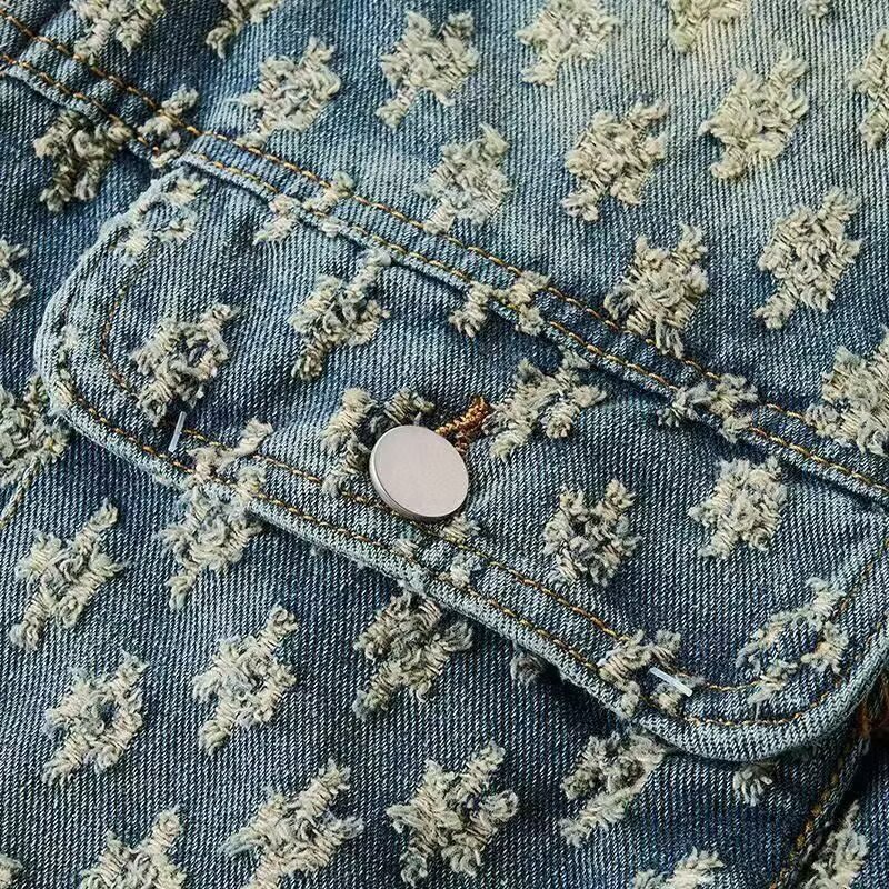 Luxury Brand Designer Clothes Korean Retro Washed Vintage Jacquard Denim Jacket For Men With Floral Design, Loose Casual Versatile Cool Top