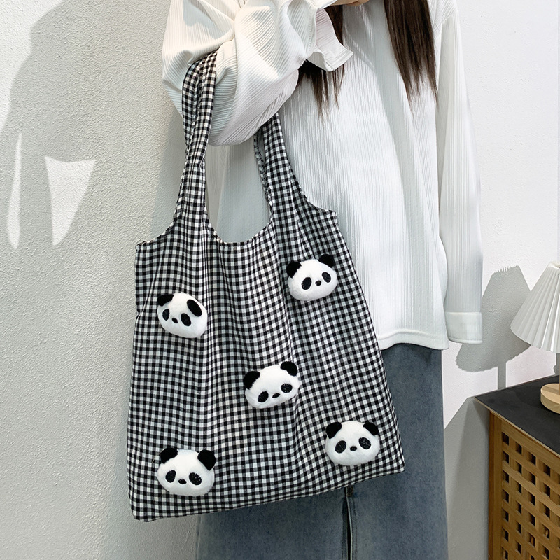 Large Capacity Simple Panda Plush Plaid Vest Canvas Ins Literary Lazy Style Autumn Winter Shopping Shoulder Bag