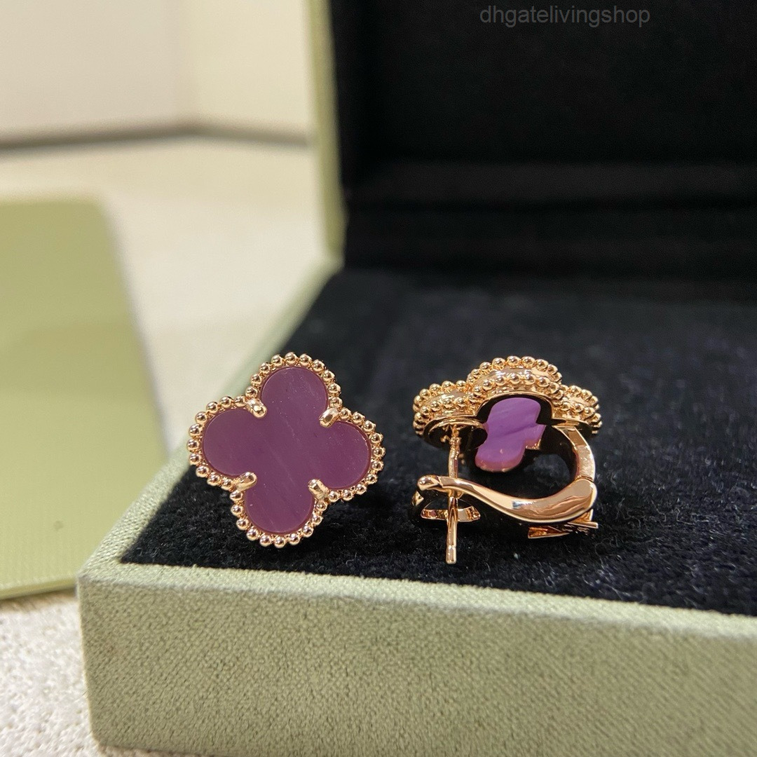 vanly cleef earrings designer jewelery Violet Full Diamond Purple Chalcedony White Fashion Four-Leaf Clover Earrings Gift Floral