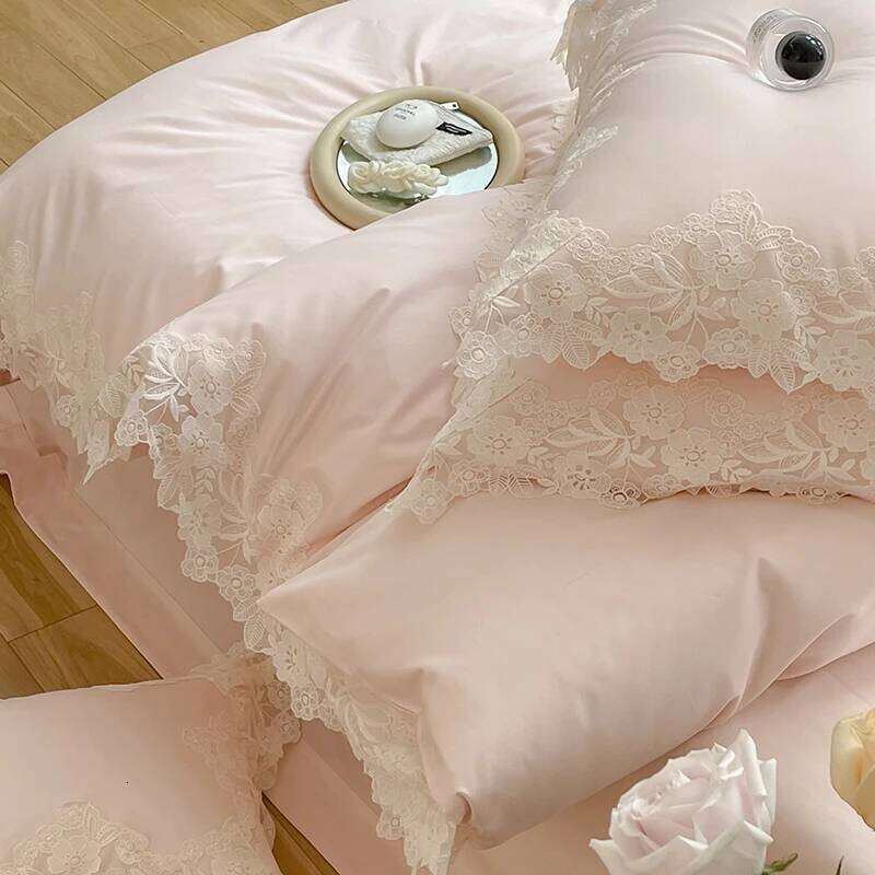 Light Pink Lace Embroidery Princess Bedding Set Luxury Egyptian Cotton Solid Color Quilt/Duvet Cover Bed Sheet Pillowcases Y260124