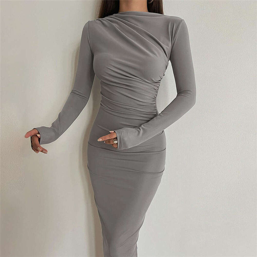 2025 Spring and Autumn New European and American Slimming High end Solid Color Elegant Long Women's Slimming Dress