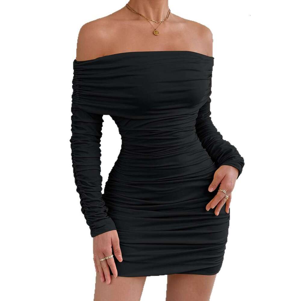 2025 autumn and winter new women's fashion style off shoulder long sleeved pleated slim and sexy dress