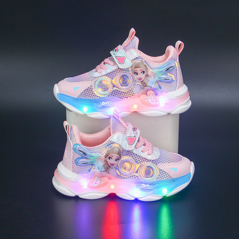 Girls' Casual Shoes Led Lights Mesh Breathable Children's Sports Princess Elsa Pink Purple Shoes Sneakers Size 22-35