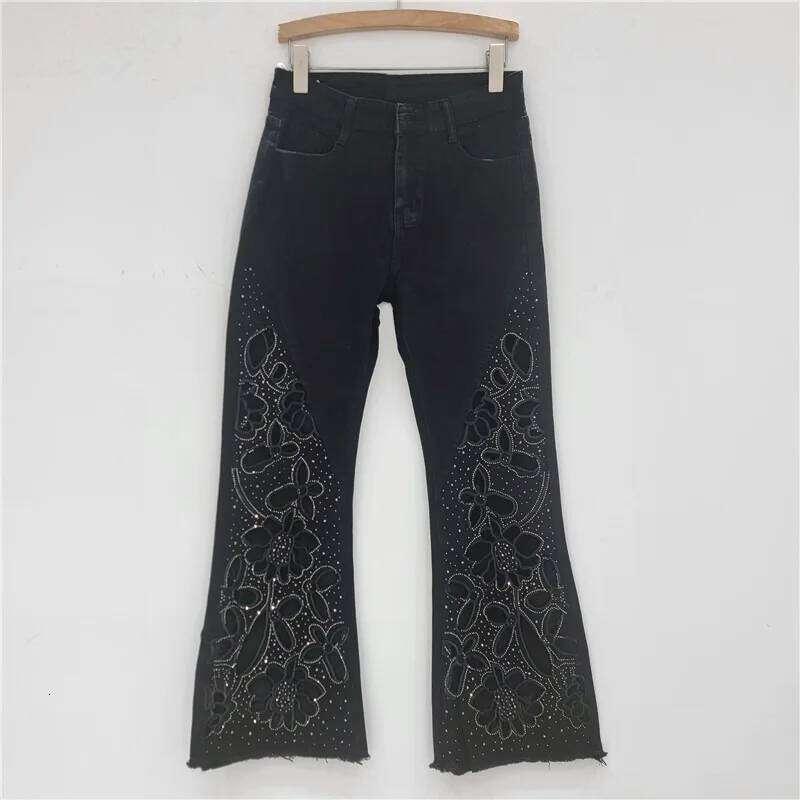 DEAT Women's Micro Flared Jeans High Waist Slim Hollow Out Diamonds Denim Ankle-Length Pants 2025 New Fashion Summer 29A1936 C260126 - view 3
