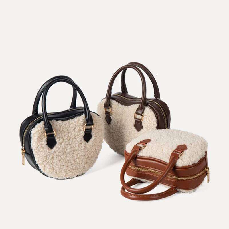 Fashionable Winter Faux Fur Apple Heart Shape Women's Handbag Luxury Design Soft Plush PU Leather Warm Fluffy Boston Shoulder Ba XJ260125