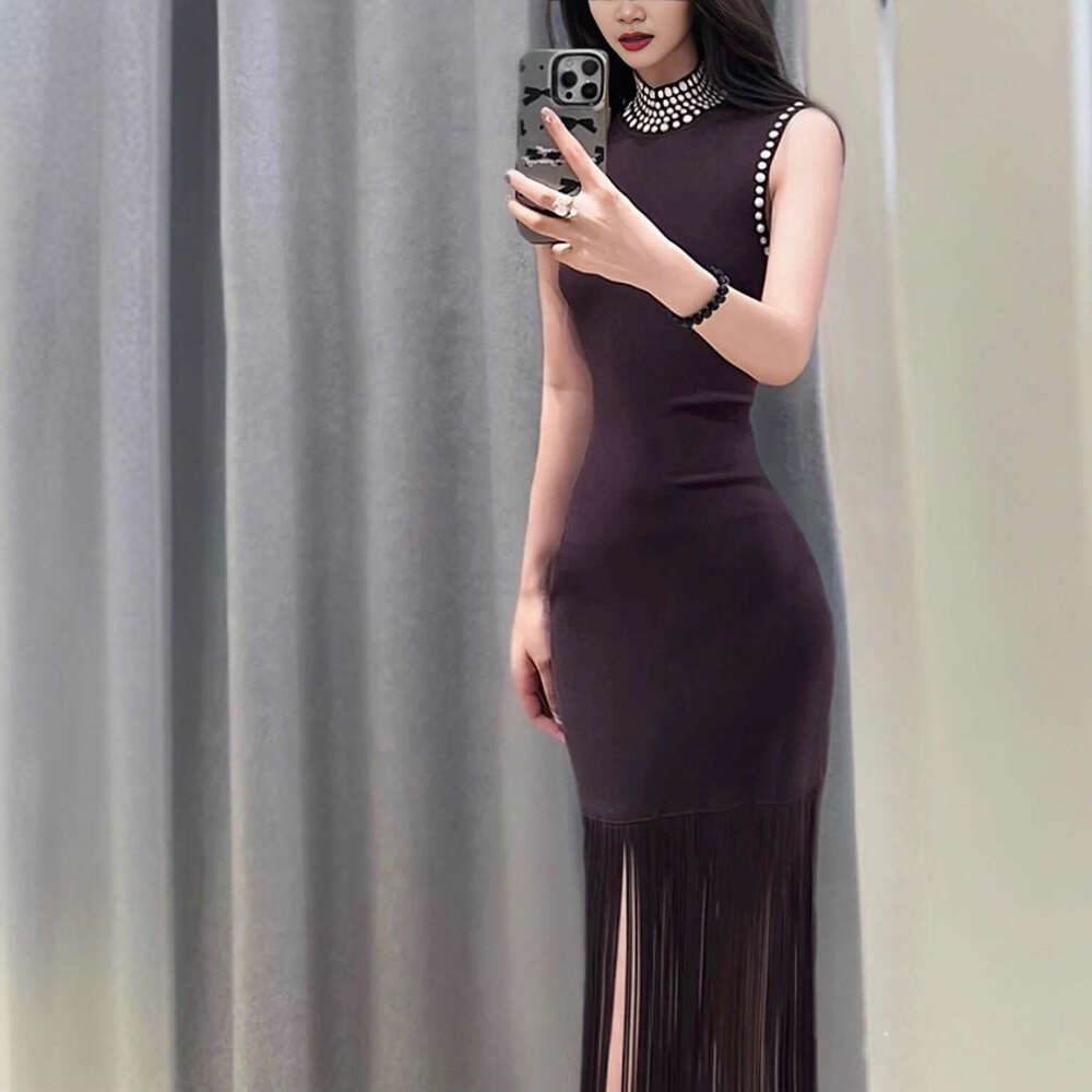 2026 autumn new designer high neck pearl rivet slim fit sleeveless tassel knit women's dress