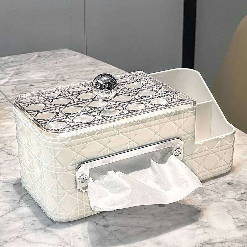 Luxury Rattan Pattern Tissue Box Premium Desktop Paper Dispenser Remote Control Organizer Compartmentalized Home Decor