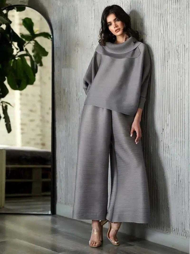 Women's Two Piece Pants Fold Miyake Pleated Fashion Clothing Set Stand Up Collar Bat Sleeve Top Wide Leg Two-piece 2026