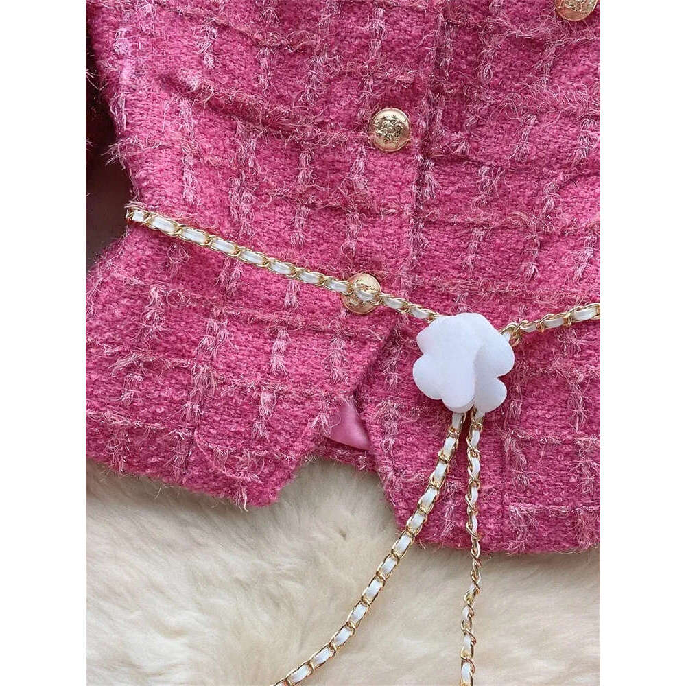 2026 High Quality Checkered Two Piece Women's Gold Button Sleeve Short Jacket Split style Long Skirt Lace Autumn Set