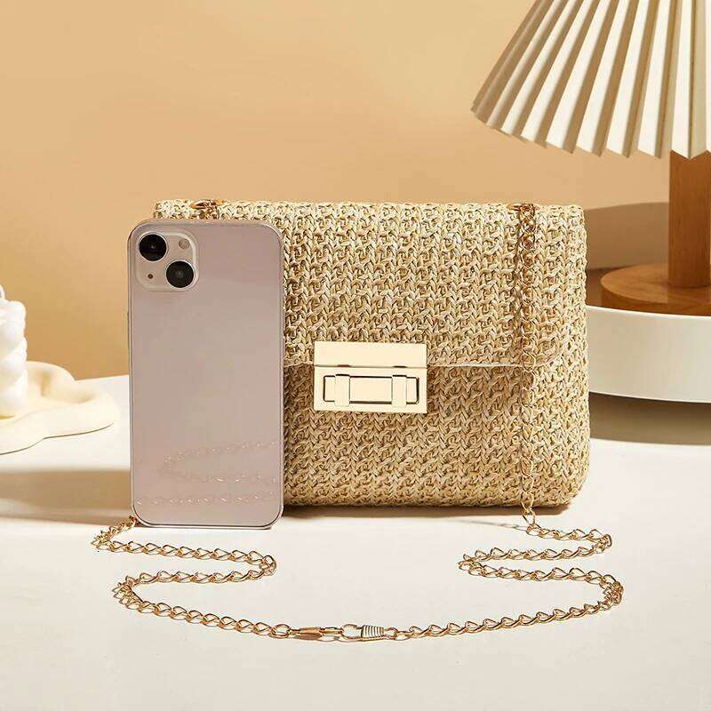 Fashion Straw Chain Shoulder Woven High Capacity Buckle Closure Clutch Handmade Crossbody Bag Women XJ260125