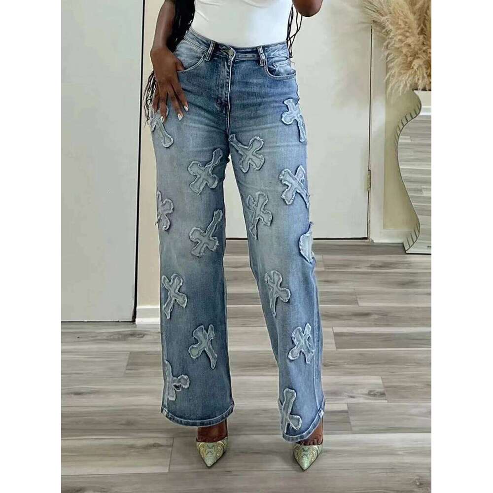 Women's Fashion Spring and Autumn New Vintage Washed Denim Tassel Cross Hip-hop Straight Leg 9-inch Pants C260126 - view 5