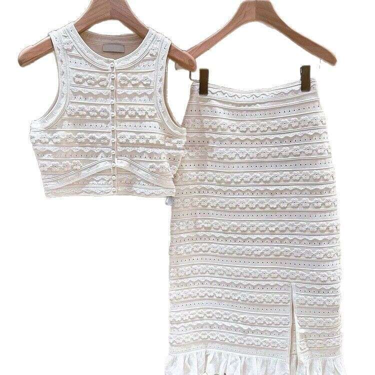 French Elegance 2026 Spring/Summer New Designer Style Hollow Jacquard Knitted Tank Top Split Skirt Set