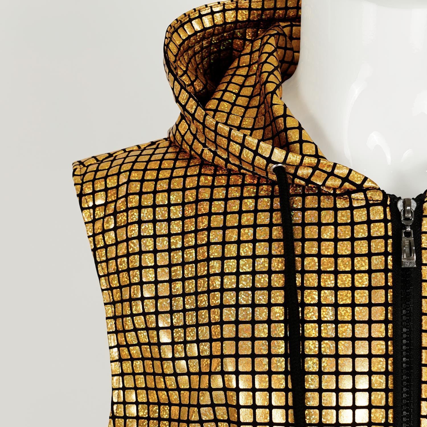 Stage Wear Men's Shiny Sleeveless Hooded Vest Metallic Zipper Shirt With Pockets Party Club Top