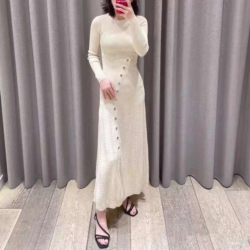 2026 Spring New Solid Color Split Button Decorative Long Sleeve Slim Knitted Women's Dress