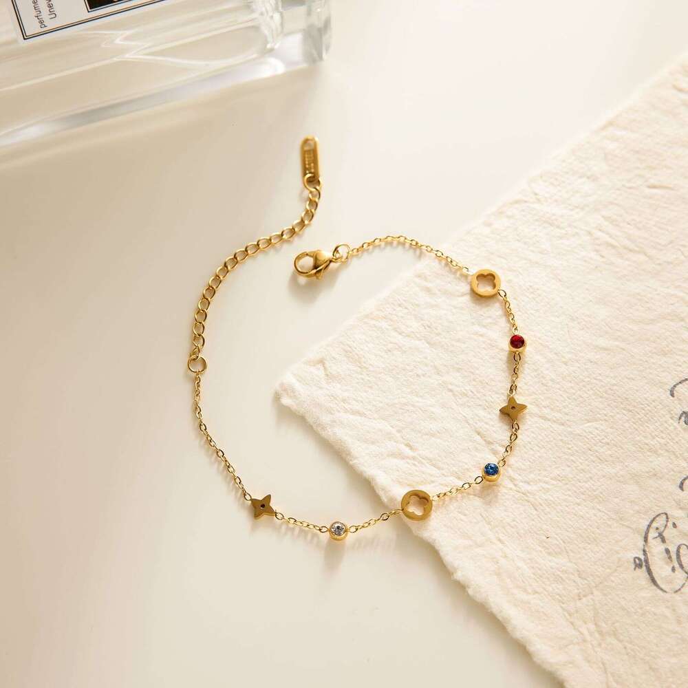 Colorful Diamond Four-Leaf Flower Bracelet for Women Niche Design Inlaid with Diamonds Light Luxury 18K