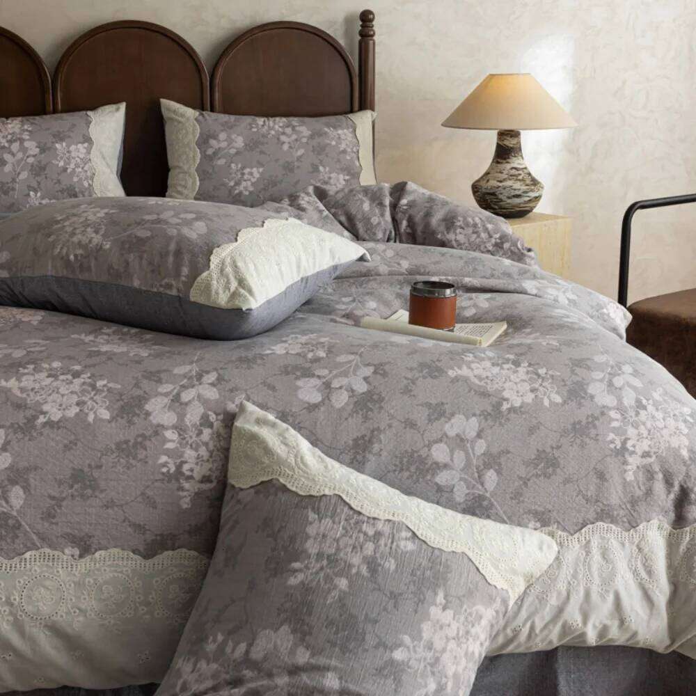 Skin Friendly A Class Cotton Linen Four-Piece Retro Floral Printed Quilt Cover With Lace Pillowcase Bed Sheet Bedding Set Y260124