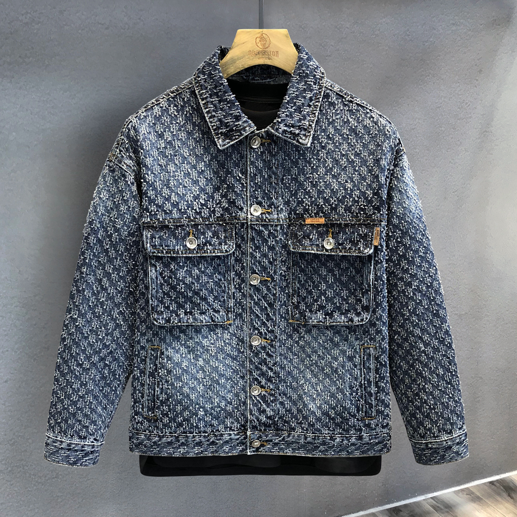 Men's PU Jacket, England Style Cat Paw Jacket with Cats, Blue/Grey Tie-Dye Textured Woven Coat - Long Sleeve Stand Collar, Covered Button, Pocket, Out - view 8