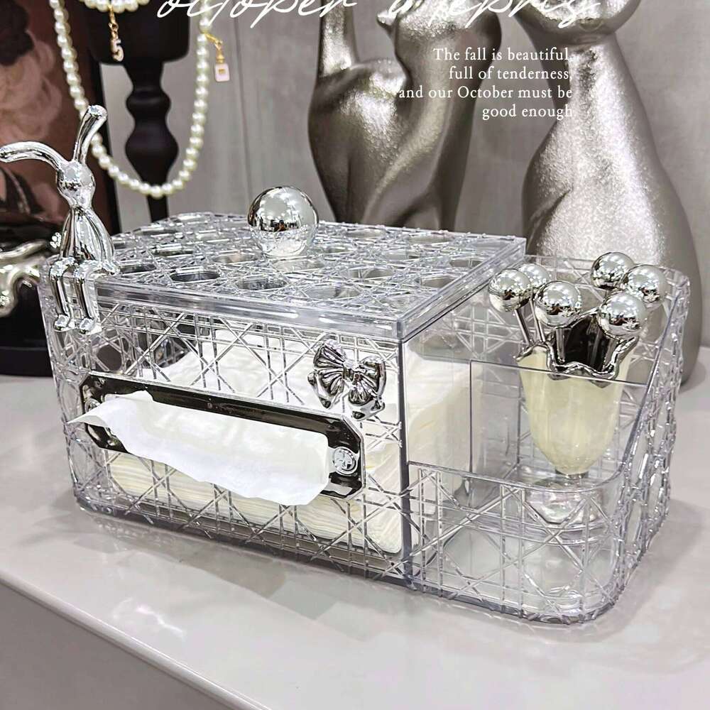 Luxury Rattan Pattern Tissue Box Premium Desktop Paper Dispenser Remote Control Organizer Compartmentalized Home Decor