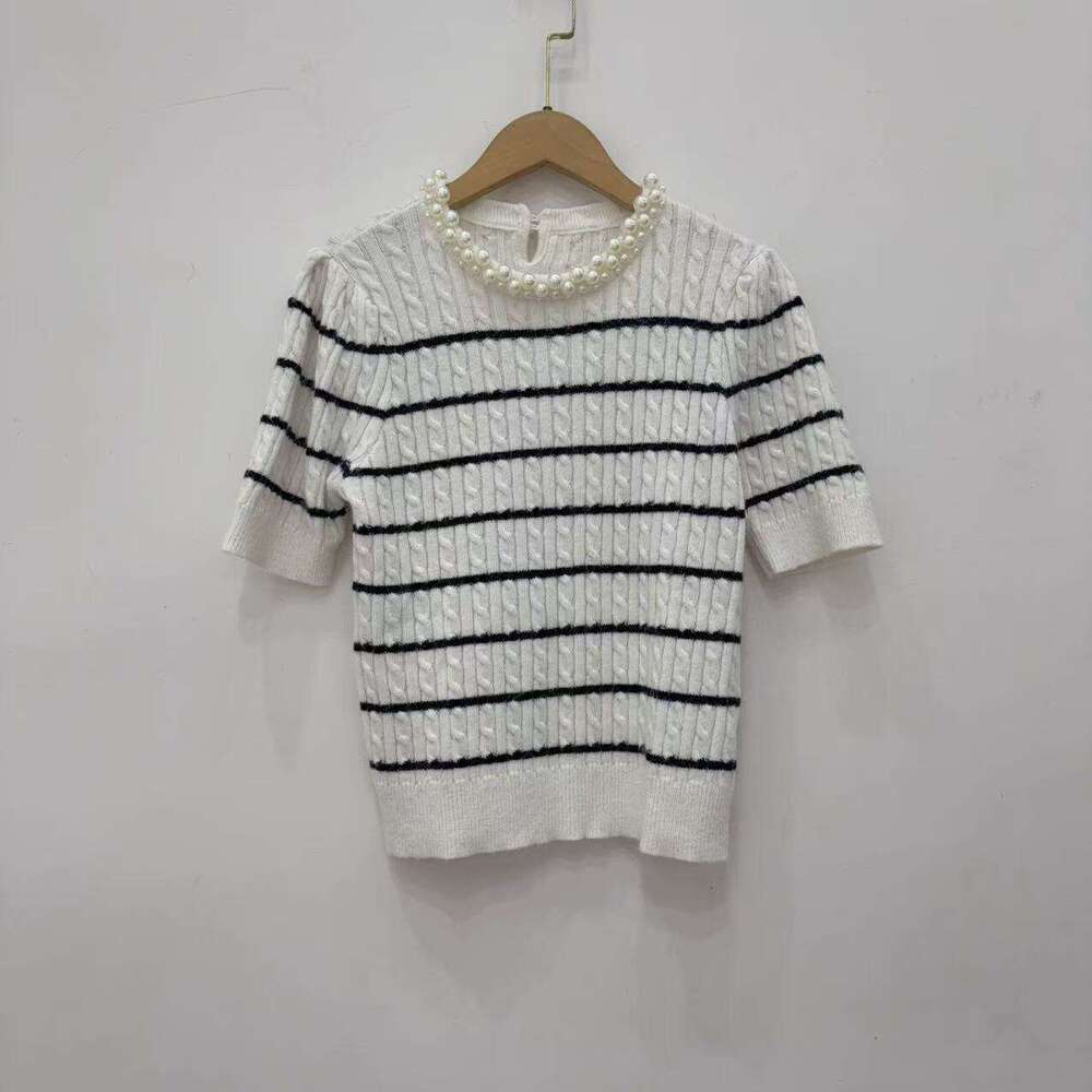French elegance 2026 autumn new classic round neck pearl trimmed pullover sweater knitted striped short sweater for women